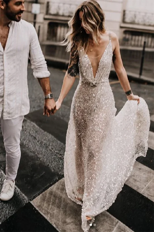 Glamour dresses for red carpet appearancesRoycebridal Glittering A-line Deep V-neck Open Back Wedding Dresses, Bridal Gown, MW623