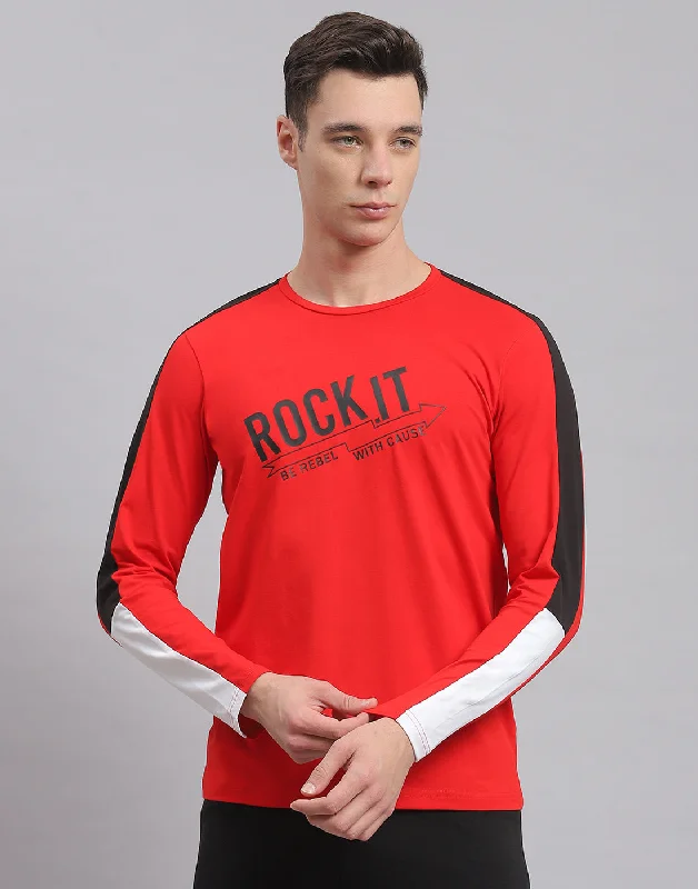 men's sports shirts for all levels of athletesMen Red Printed Round Neck Full Sleeve Active T-Shirt