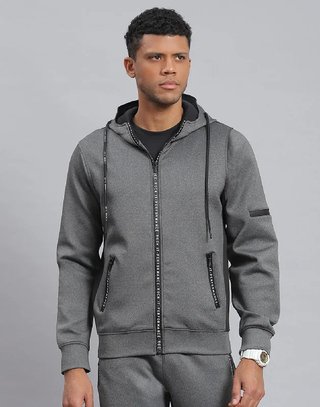 men's hiking shirtsMen Grey Solid Hooded Full Sleeve Sweatshirt
