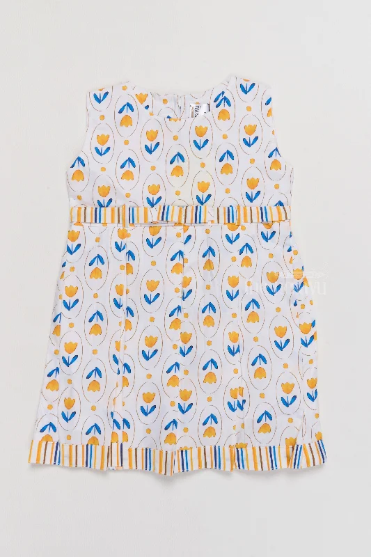 Motherhood dresses for pregnant womenSimple Cotton Frocks for Infants with Yellow Tulip Print and Striped Waistband