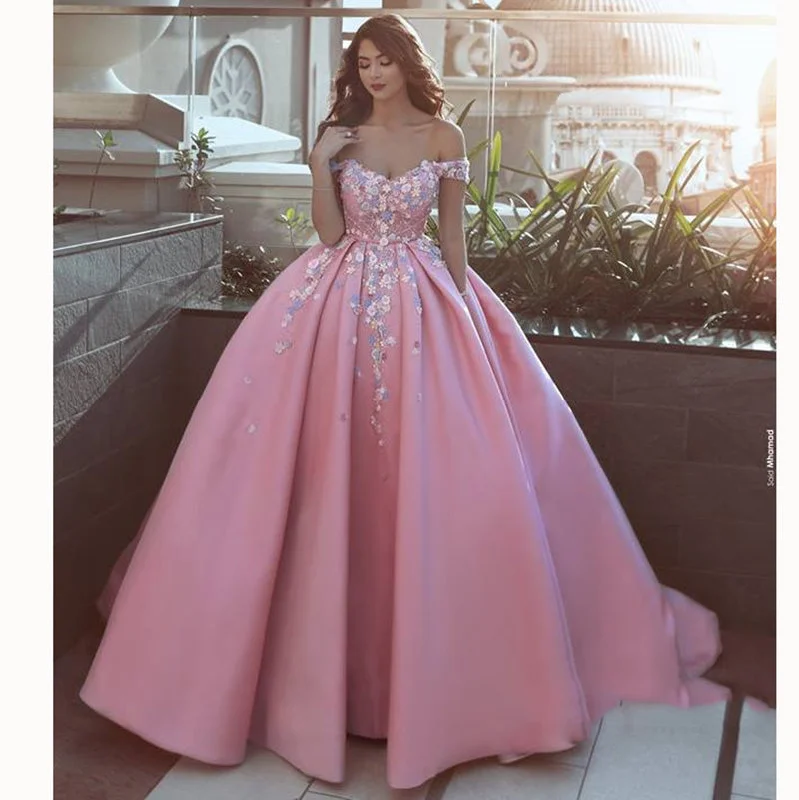 Tight-fitting dresses for womenWD0211 Pink off the shoulder flower Ball Gown Prom Dress Appliques Lace Satin Wedding Dress Reception Gown