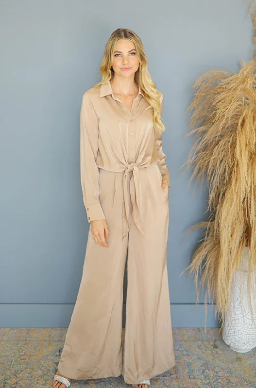 High-slit women's skirtsMadeline Taupe Satin Jumpsuit - Nursing Friendly - FINAL SALE