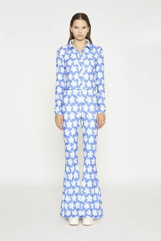 Handmade women's topsBlue-Large Flower Long-Sleeve Skinny-Fit-Shirt