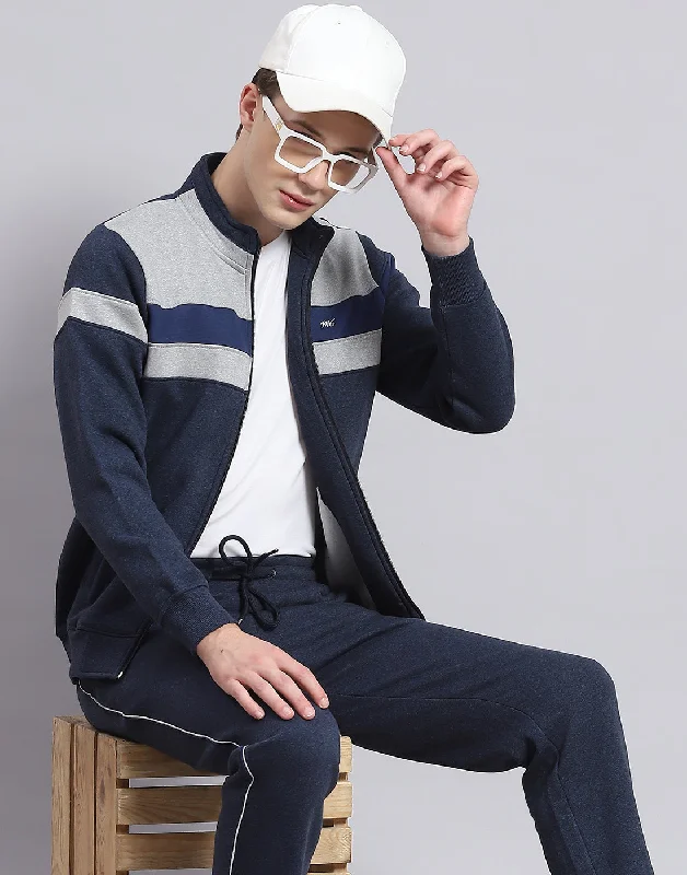 men's cotton sports shirtsMen Navy Blue Solid Stand Collar Full Sleeve Tracksuit