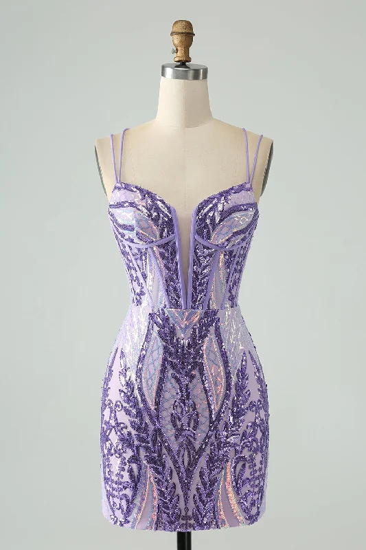 Sweetheart neckline dresses for womenGorgeous Dark Purple Bodycon Spaghetti Straps Corset Homecoming Dress with Sequins
