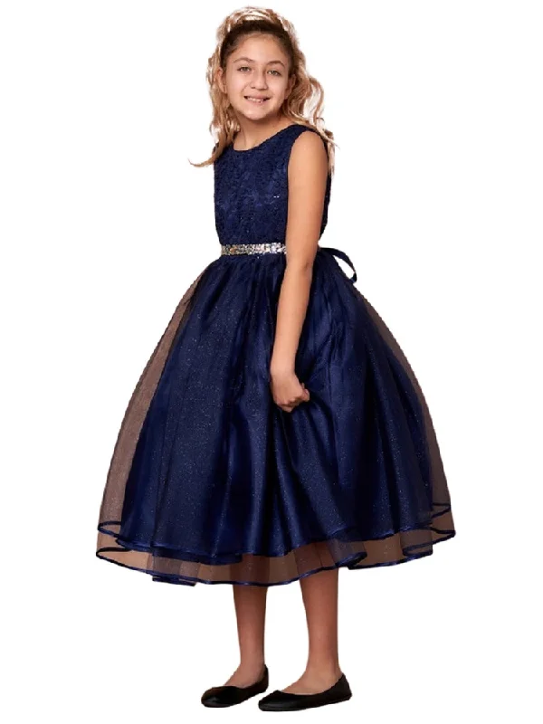 Godet dresses for womenBig Girls Navy Lace Sequin Belt Glitter Tulle Junior Bridesmaid Dress 8-16