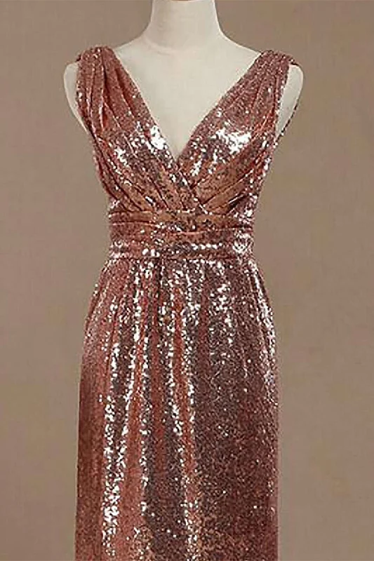 Halter dresses for womenRose Gold Sequin V-Neck Backless Short Bridesmaid Dress