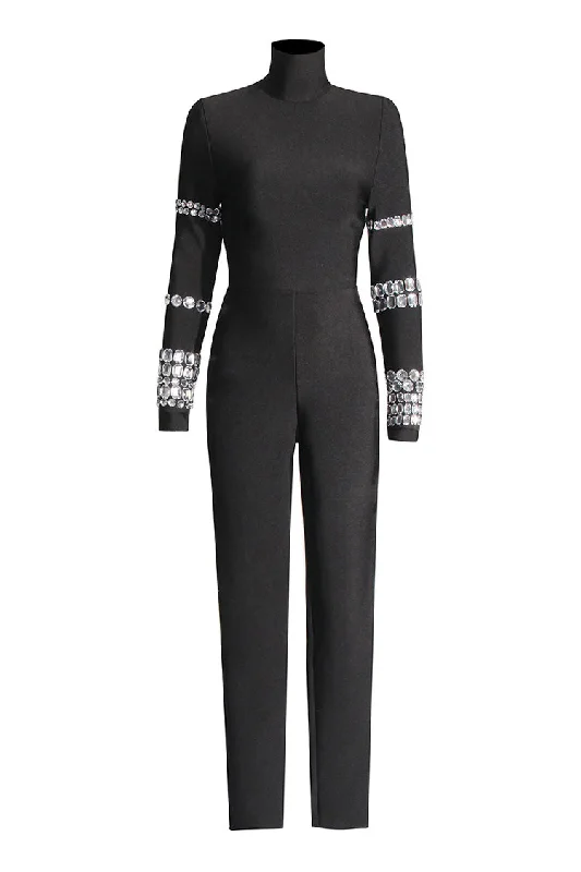 Flared women's skirtsSparkly Rhinestone High Neck Long Sleeve Bandage Skinny Jumpsuit