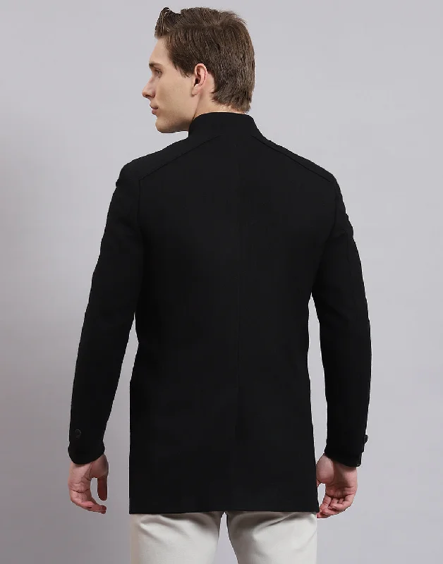 men's tailored jackets with contrast stitchingMen Black Solid Stand Collar Full Sleeve Coat