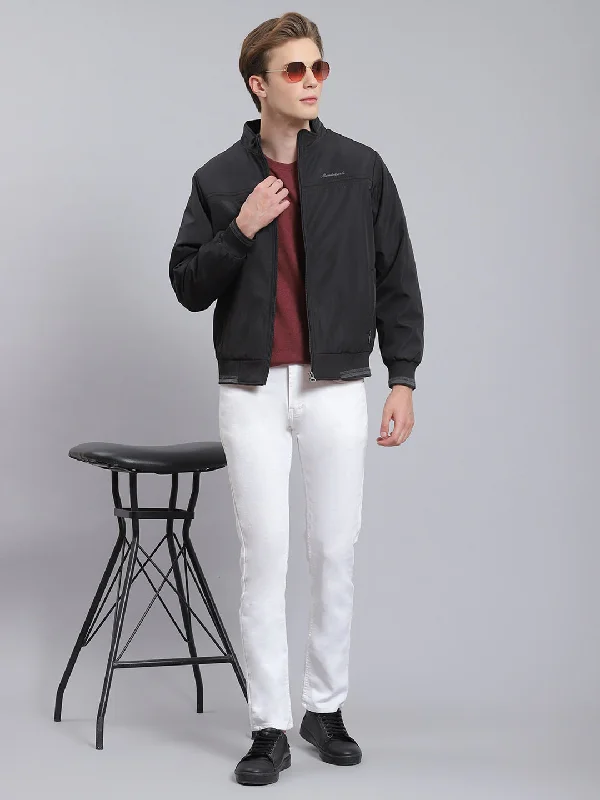 men's military-style peacoatsMen Black Solid Stand Collar Full Sleeve Jacket