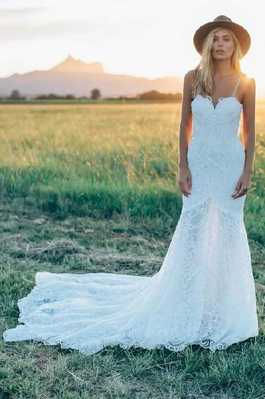 High-neck dresses for womenRoycebridal Ivory Mermaid Sweetheart Rustic Wedding Dresses, Lace Wedding Dresses, MW728