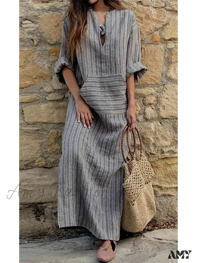Off-the-shoulder dresses for womenAmy Fashion - Summer Striped Cotton Linen Oversize Long Boho Dress