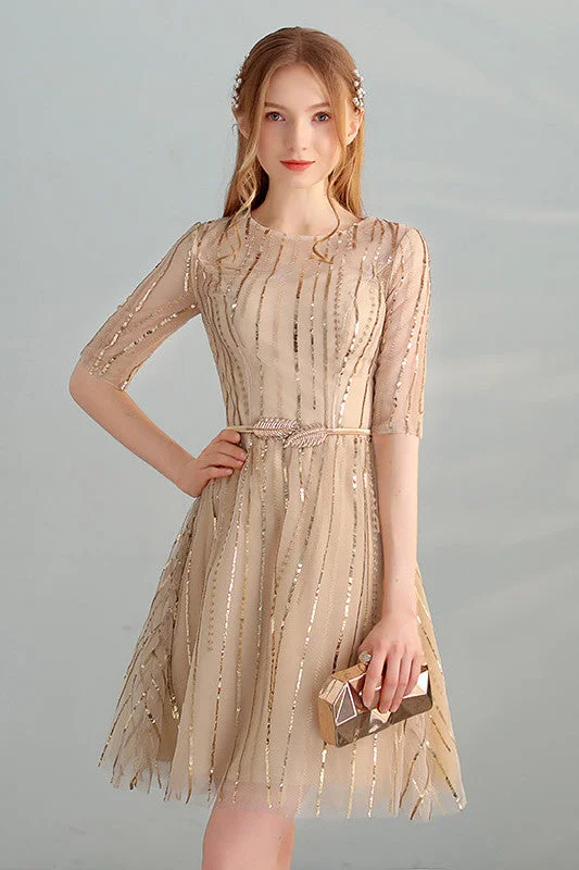 Little white dresses (LWDs) for womenGold Sequins A-Line Short Tulle Half Sleeves Homecoming Dresses OKC98