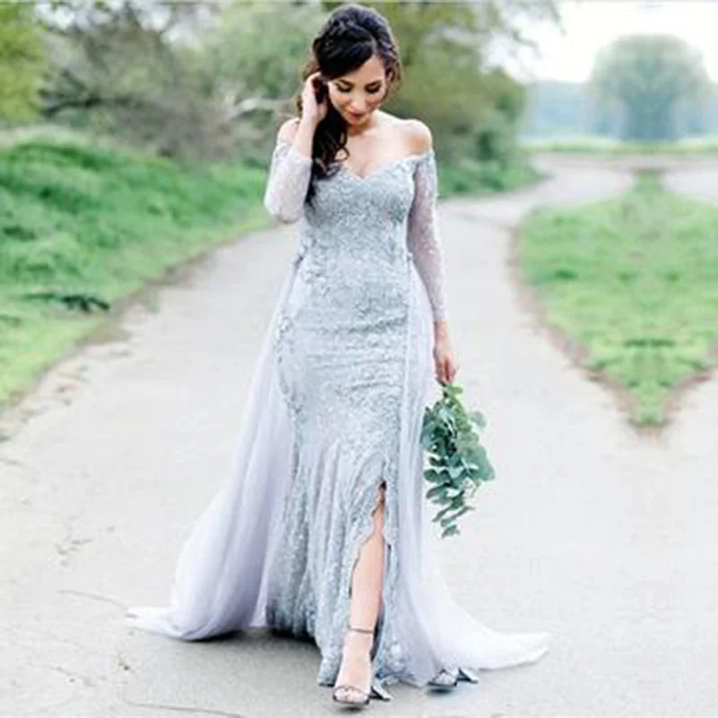 High-neck dresses for womenOff the Shoulder Long Sleeves tulle and lace Mermaid Women Formal Evening Gowns,Wedding Dress with AttachableTrain
