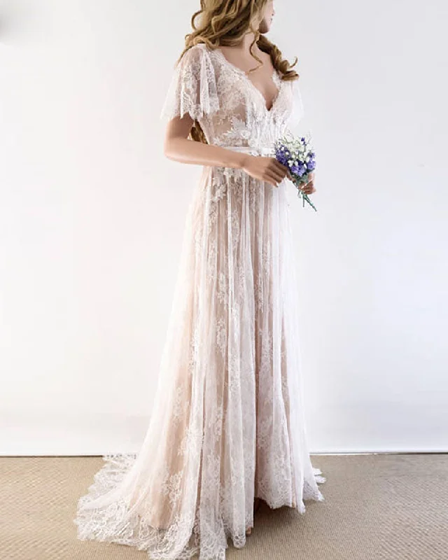 Bridal dresses for womenShort Sleeves Nude/ivory Beach Wedding Dress Lace Boho Bride Gown WD09012
