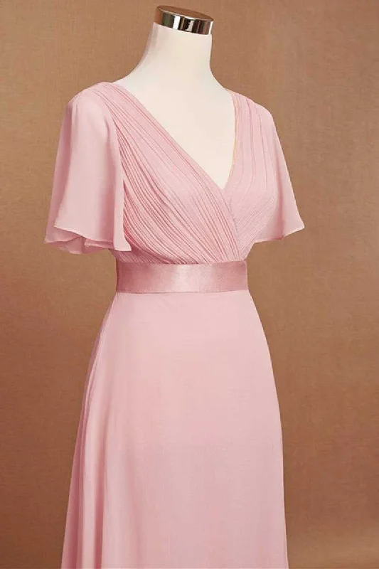 Flutter sleeve dresses for womenPink V-Neck Ruffled A-Line Long Bridesmaid Dress