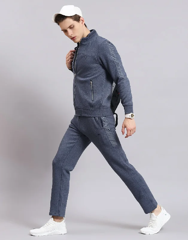 men's sports shirts for all-season wearMen Blue Solid Stand Collar Full Sleeve Tracksuit