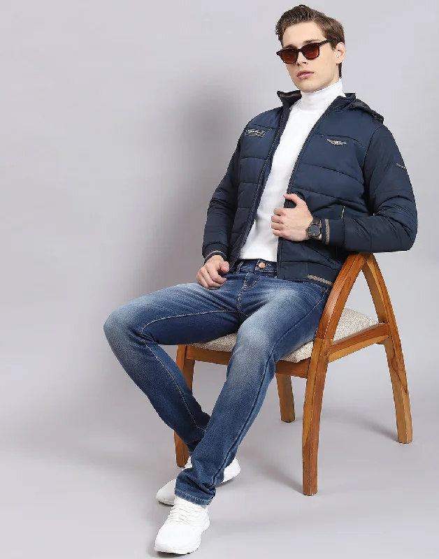 men's Chesterfield coatsMen Navy Blue Solid Hooded Full Sleeve Jacket