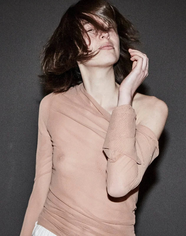 Evening women's topsSumy Endless Sleeves Nude One Shoulder Tulle Top