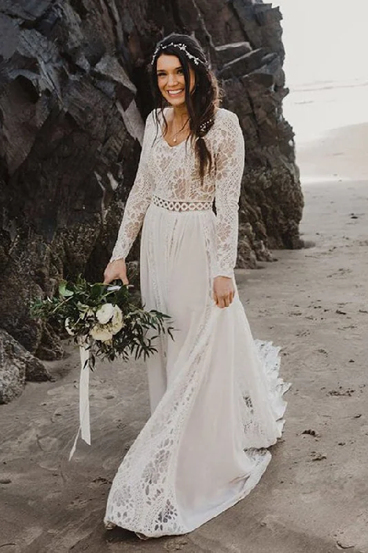 Synthetic dresses for budget-friendly optionsRoycebridal Ivory Lace A-line V-neck Long Sleeves Beach Wedding Dresses, Bridal Gown, MW664