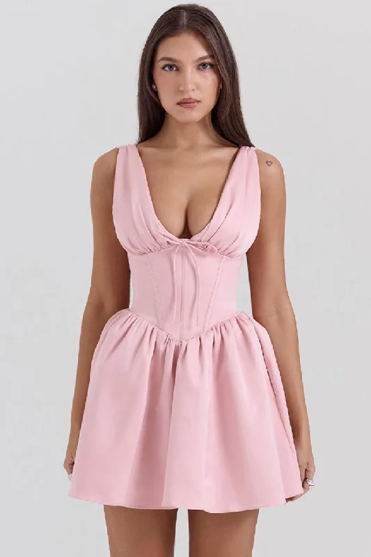 Plunging neckline dresses for womenSexy Bow Deep V Neck Sleeveless Corset Gathered Satin Party Mini Dress