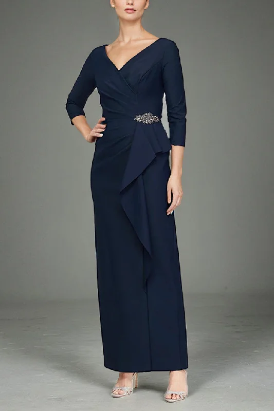 Workwear women's dresses3/4 Sleeve V Neck Pleats Dark Navy Ankle Length Mother of The Bride Dress