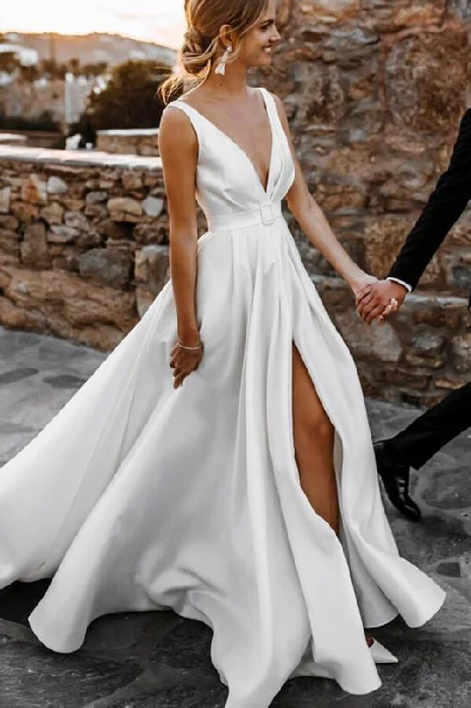 Vintage-inspired dresses for retro fashion loversRoycebridal Elegant Satin A-line V-neck Sweep Train Wedding Dresses, Bridal Gown, MW621