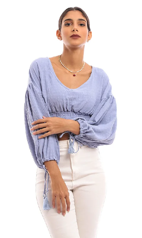 Sustainable women's tops96775 Cropped Polyester Blouse With Wide Elastic Trim - Cornflower Blue