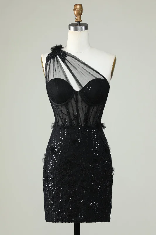 Glamour dresses for red carpet appearancesBlack Bodycon One Shoulder Corset Short Homecoming Dress with Appliques Glamour dresses for red carpet appearancesBlack Bodycon One Shoulder Corset Short Homecoming Dress with Appliques