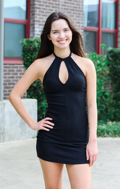 Wrap dresses for womenThe Ribbed Keyhole Halter Mini (Black)