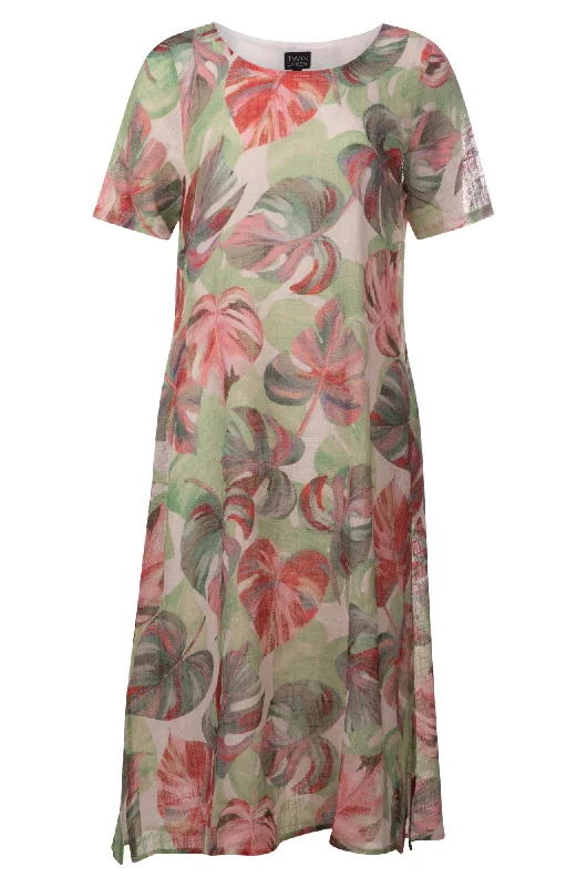 Short-sleeved dresses for women100% Cotton Dress with side splits | SAGE PINK PALM | 6274A1