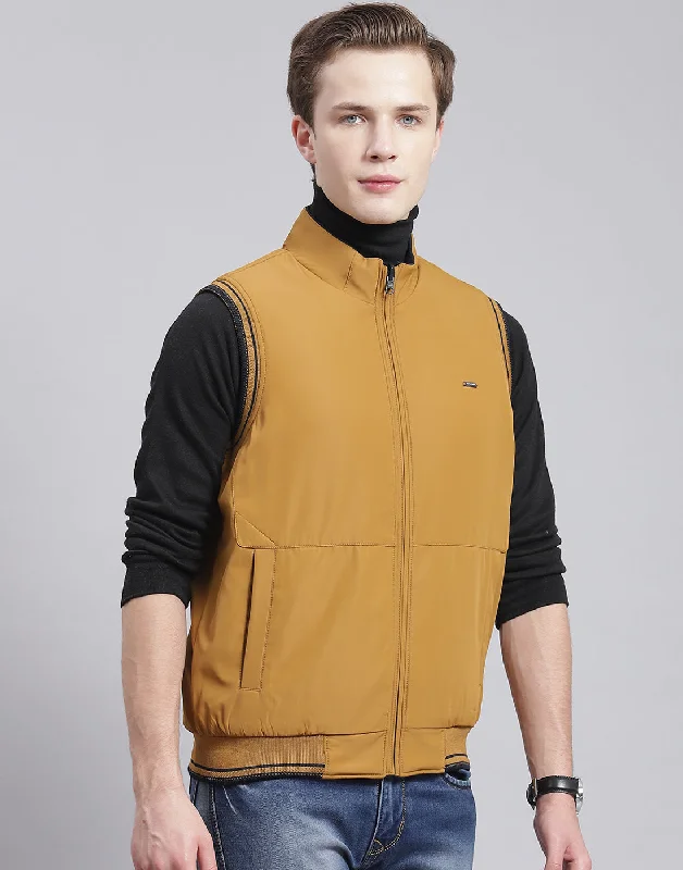 men's duffel coats with button-down pocketsMen Mustard Solid Stand Collar Sleeveless Jacket
