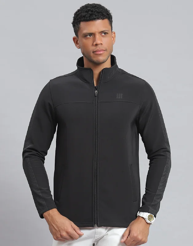 men's sports shirts with hoodsMen Black Printed Stand Collar Full Sleeve Sweatshirt