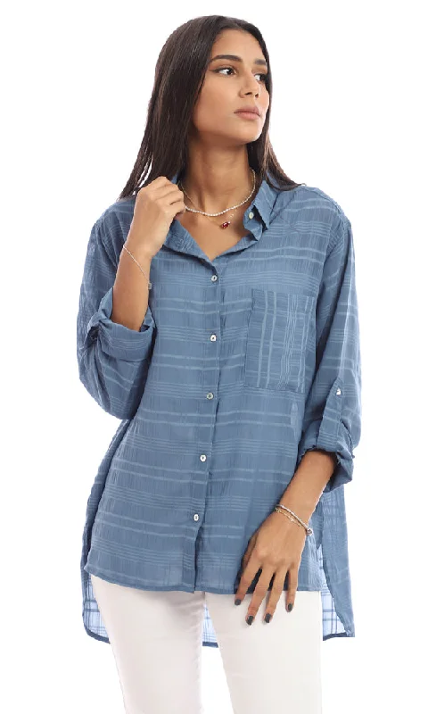 Boutique women's tops95415 Plaids Chiffon Full Buttoned Shirt - Dusty Blue