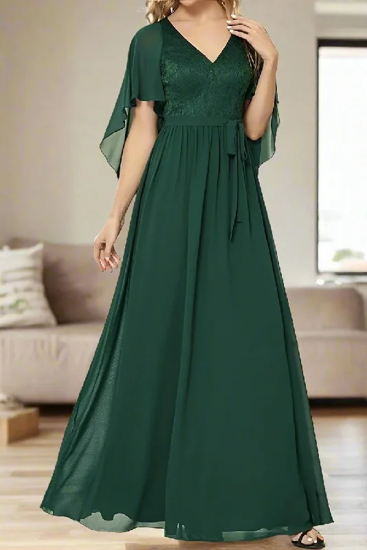 Cap sleeve dresses for womenDark Green Chiffon V Neck Floor Length A-Line Mother of the Bride Dress