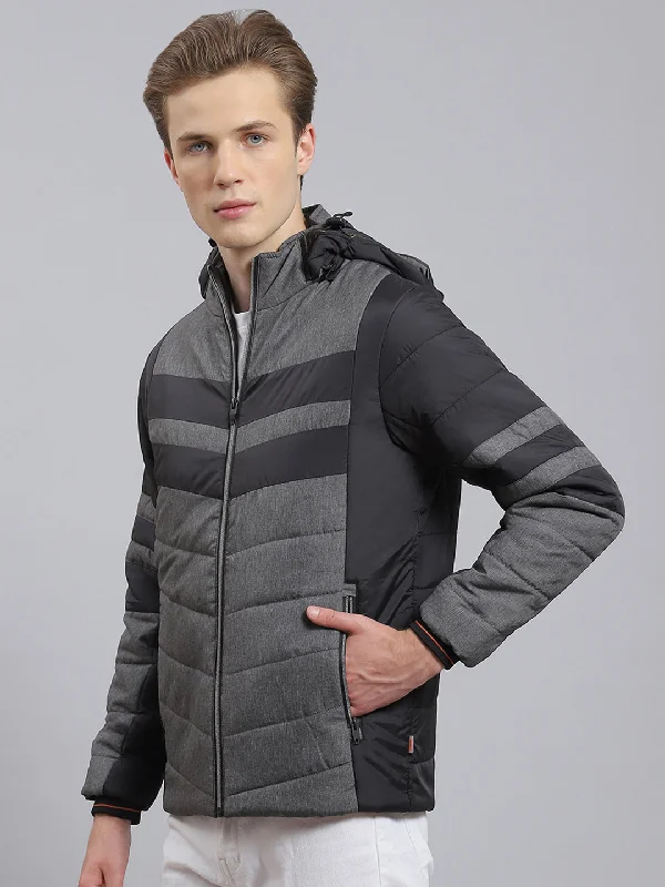 men's car coats for business meetingsMen Grey Solid Hooded Full Sleeve Jacket