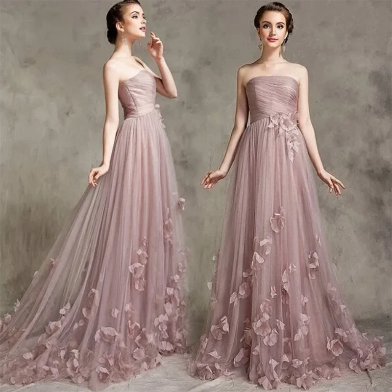 Evening gowns for formal eventsPale Mauve Strapless Bridesmaid Dress with Handmade Flowers Long  Women Evening Wedding Party Gown LP7702