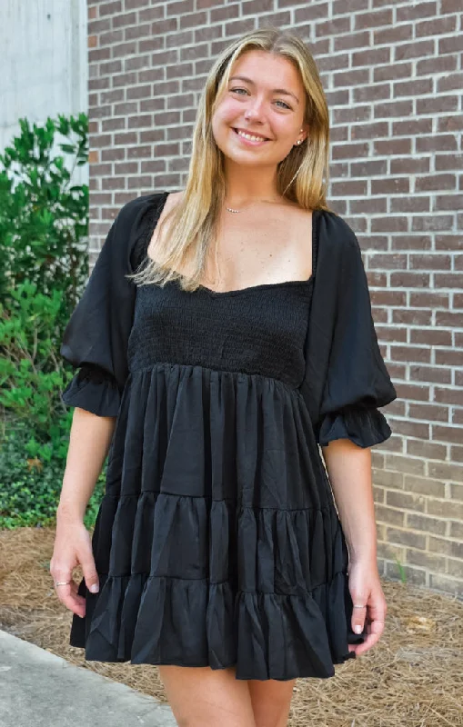 Midi dresses for womenThe 3/4 Sleeve Ruffle Babydoll Mini (Black)