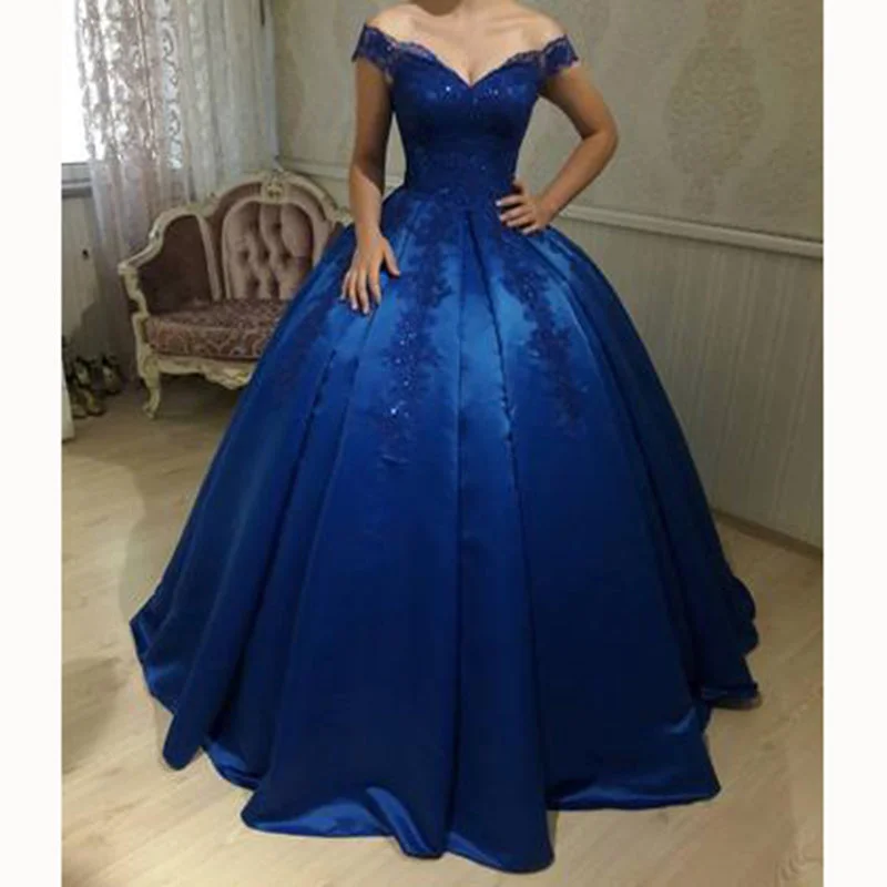 High-slit dresses for womenoff the shoulder ball gown satin blue wedding dress formal gown with lace prom 2018