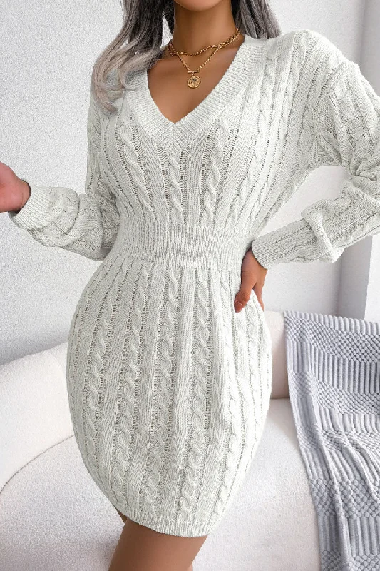 Petite dresses for womenSexy V Neck Winter Fisherman Cable Knit Sweater Mini Dress - White
