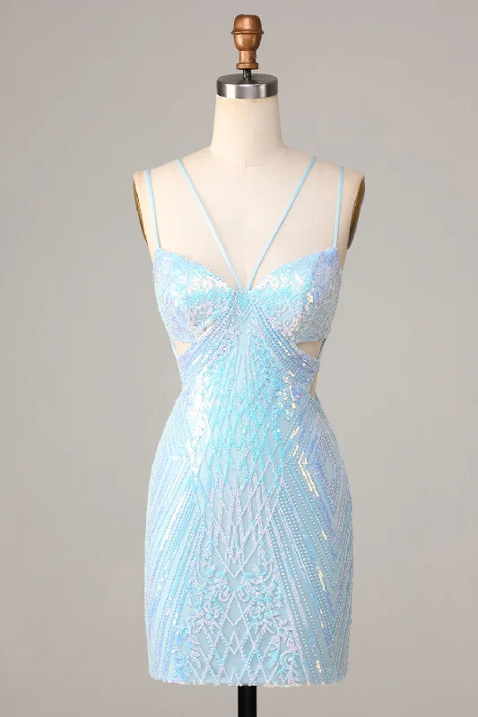 Mini dresses for womenStunning Blue Bodycon Cut-Out Sequins Short Homecoming Dress