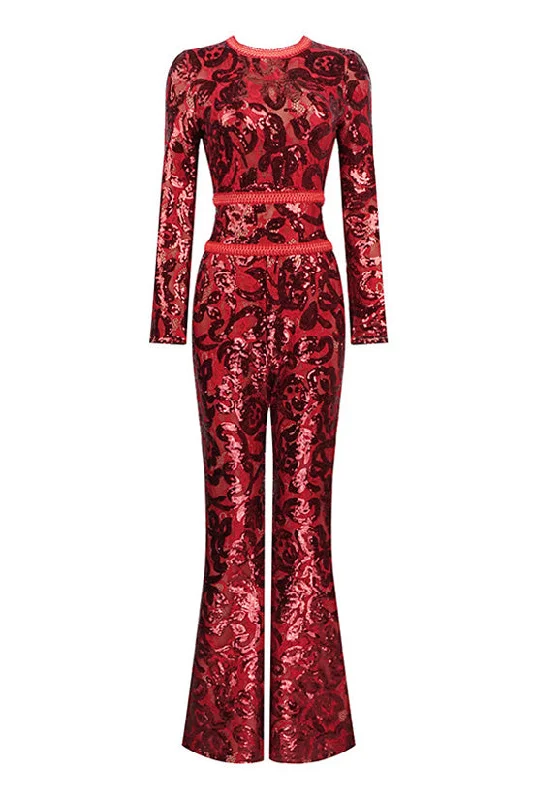 Party women's mini-skirtsSparkly Sequin Floral Round Neck Long Sleeve Belted Flare Lace Jumpsuit
