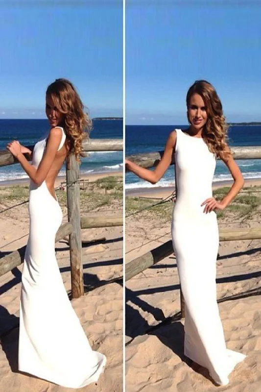 Flutter sleeve dresses for womenRoycebridal Simple White Sheath Sleeveless Backless Floor Length Beach Wedding Dresses, MW215