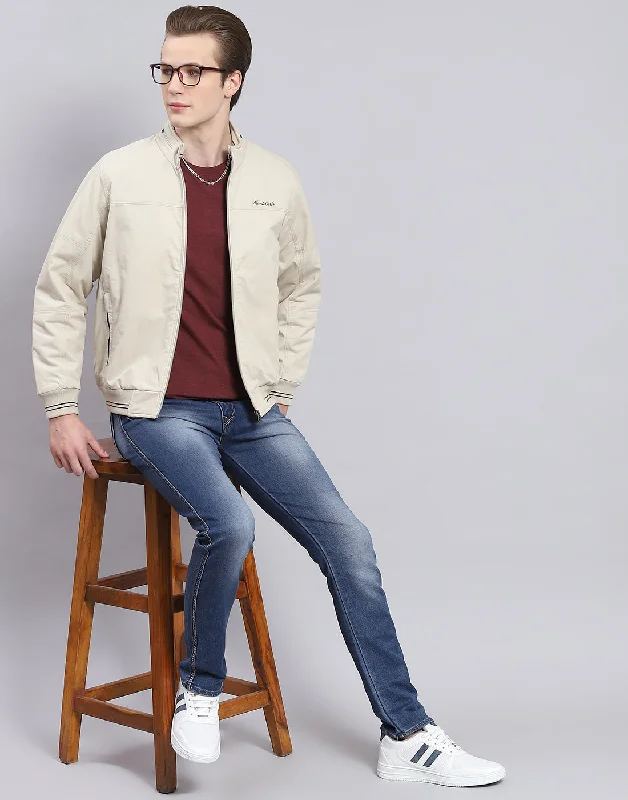 men's casual sports jacketsMen Beige Solid Stand Collar Full Sleeve Jacket