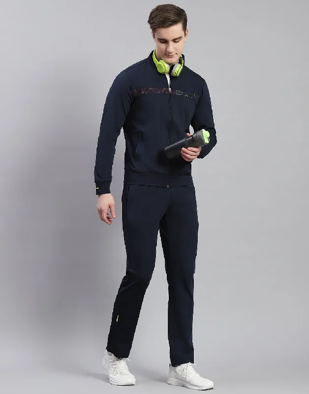 men's hiking shirtsMen Navy Blue Solid Stand Collar Full Sleeve Tracksuit