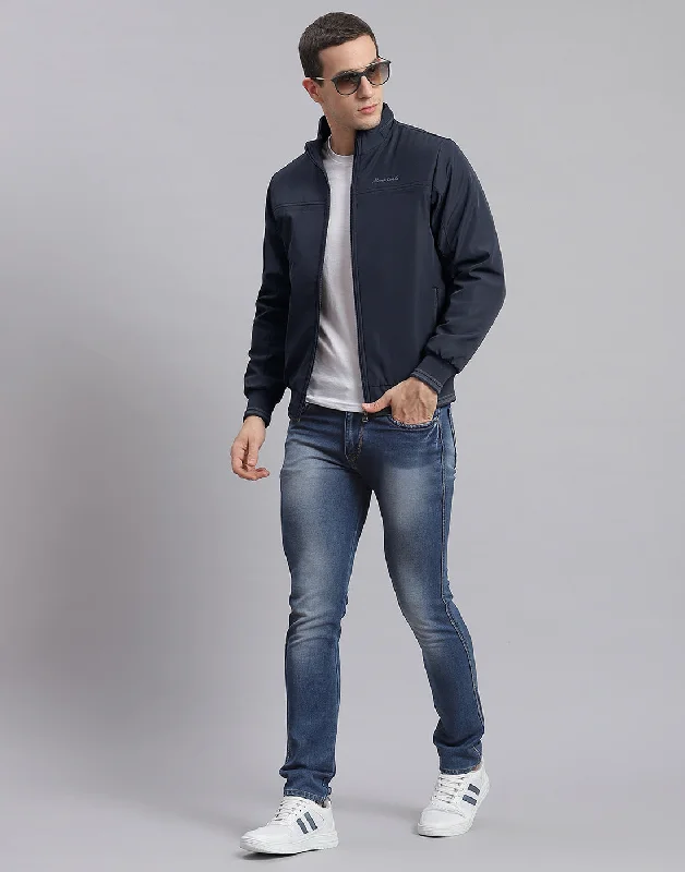 men's high-visibility parkas for safetyMen Navy Blue Solid Stand Collar Full Sleeve Jacket