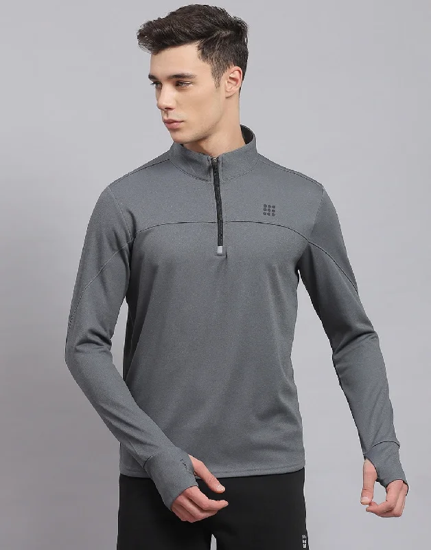 men's polyester sports shirtsMen Grey Solid Stand Collar Full Sleeve Sweatshirt
