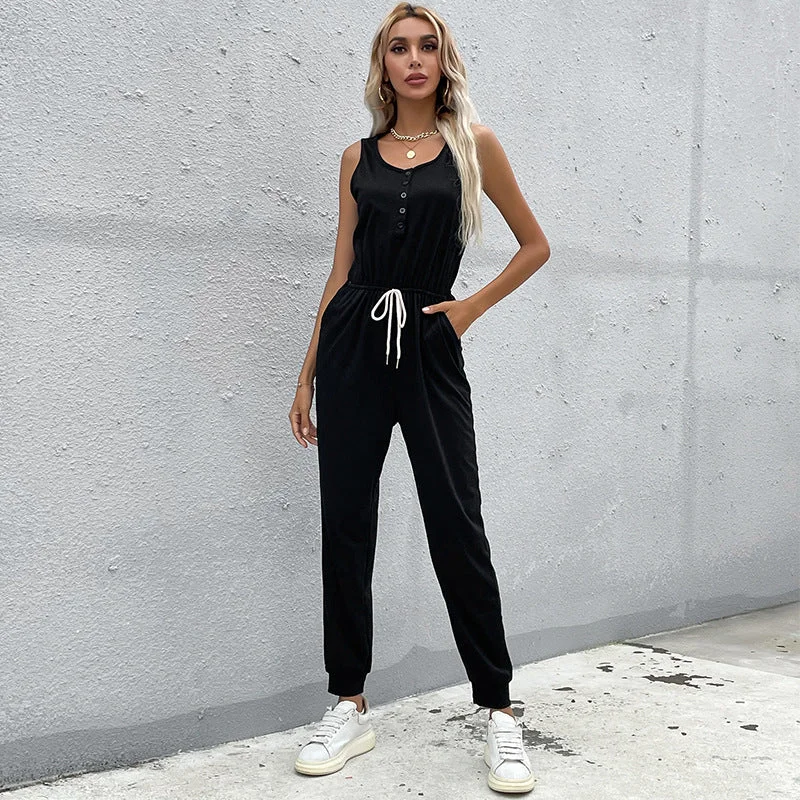Distressed denim shorts for womenIKEARLAX New Popular trade women's clothing popular spring and summer new casual sports drawstring solid color vest knitted jumpsuit