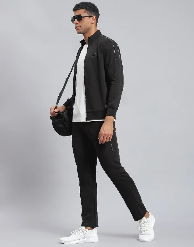 men's activity wear topsMen Black Solid Stand Collar Full Sleeve Tracksuit