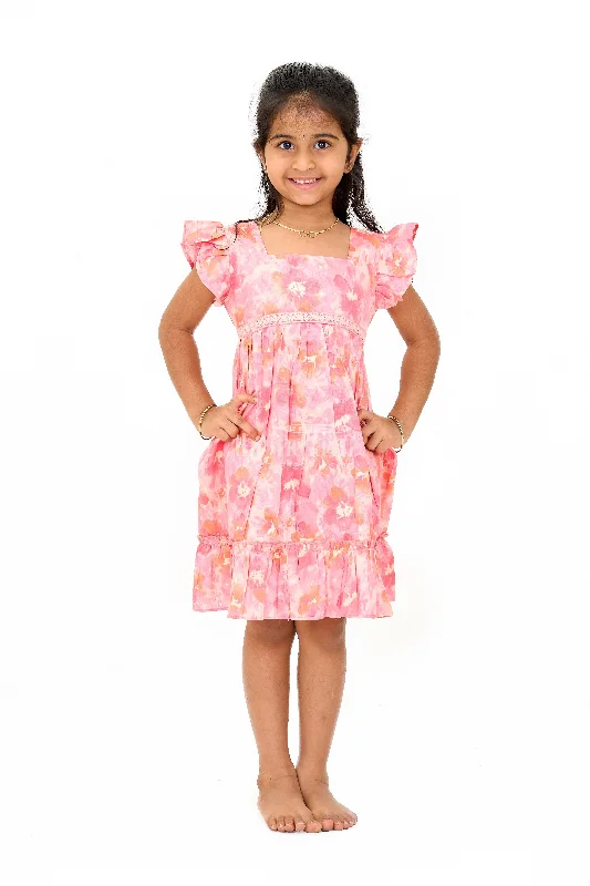 Batwing sleeve dresses for womenSimple Cotton Frocks for Babies in Pink with Ruffled Hem and Floral Print